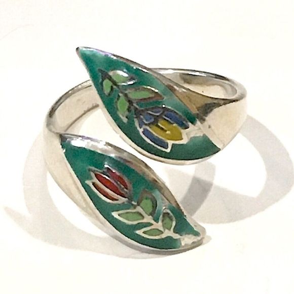 VINTAGE Sterling Silver Floral Inlay Bypass Ring Sz 6 - Picture 3 of 7